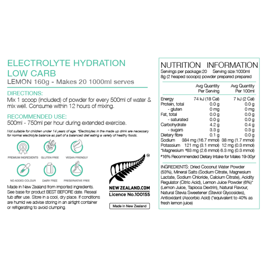 PURE ELECTROLYTE HYDRATION LOW CARB 160G LEMON
