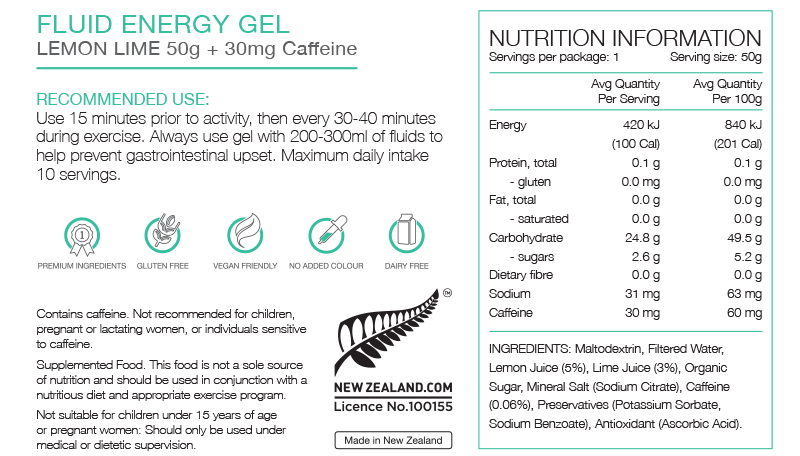 PURE FLUID ENERGY GEL 50G LEMON LIME CAFFINE