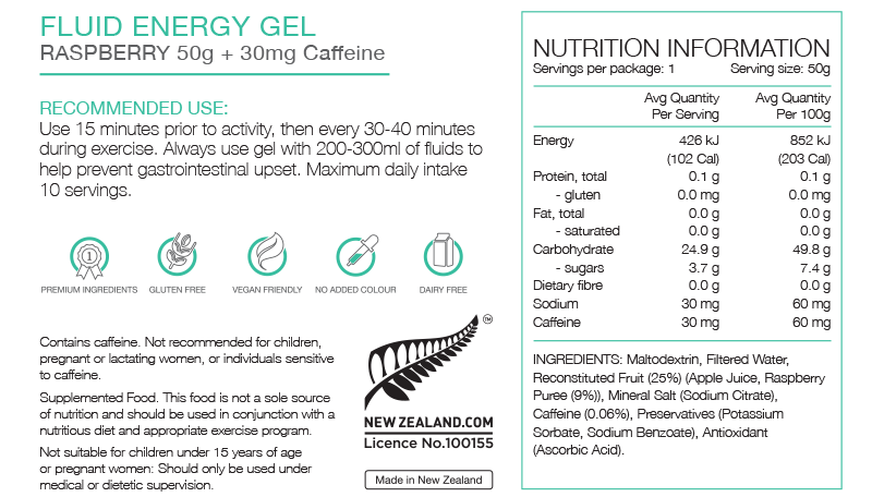 PURE FLUID ENERGY GEL 50G RASPBERRY CAFFINE